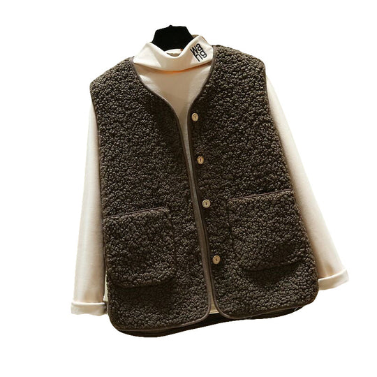 Damen kuschelige Teddyweste mit Druckknopf und aufgesetzten Taschen Shop Nory