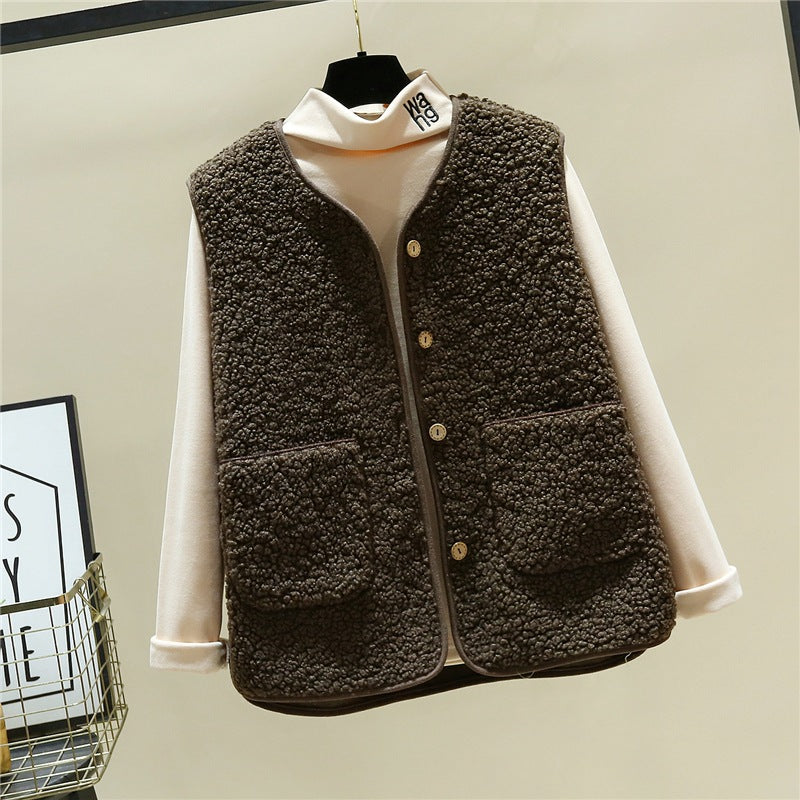 Damen kuschelige Teddyweste mit Druckknopf und aufgesetzten Taschen Shop Nory