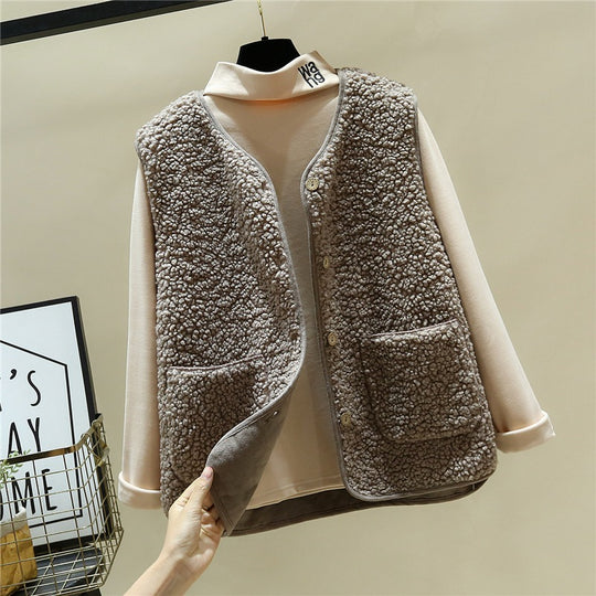Damen kuschelige Teddyweste mit Druckknopf und aufgesetzten Taschen Shop Nory
