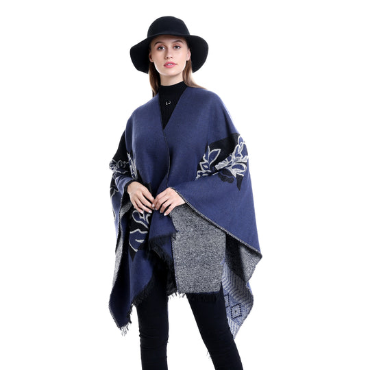 Damen Jacquard‑Ruana mit floralem Motiv, doppellagig und Fransensaum Shop Nory