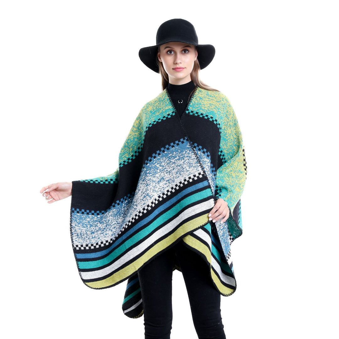 Damen Jacquard-Ruana Poncho im Oversize mit grafischem Streifen- und Ornamentmuster Shop Nory