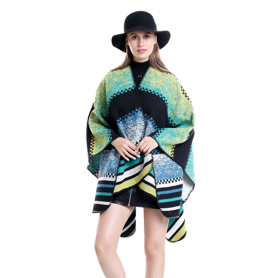 Damen Jacquard-Ruana Poncho im Oversize mit grafischem Streifen- und Ornamentmuster Shop Nory