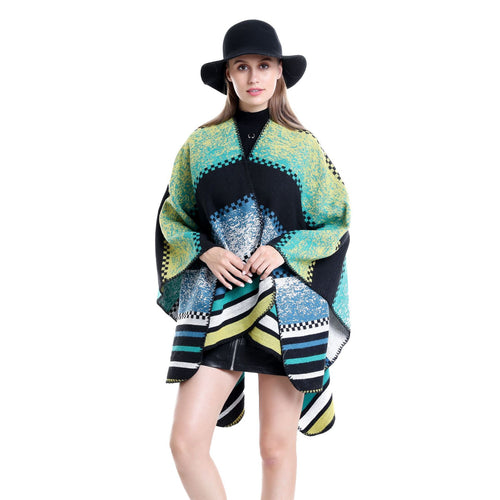 Damen Jacquard-Ruana Poncho im Oversize mit grafischem Streifen- und Ornamentmuster Shop Nory