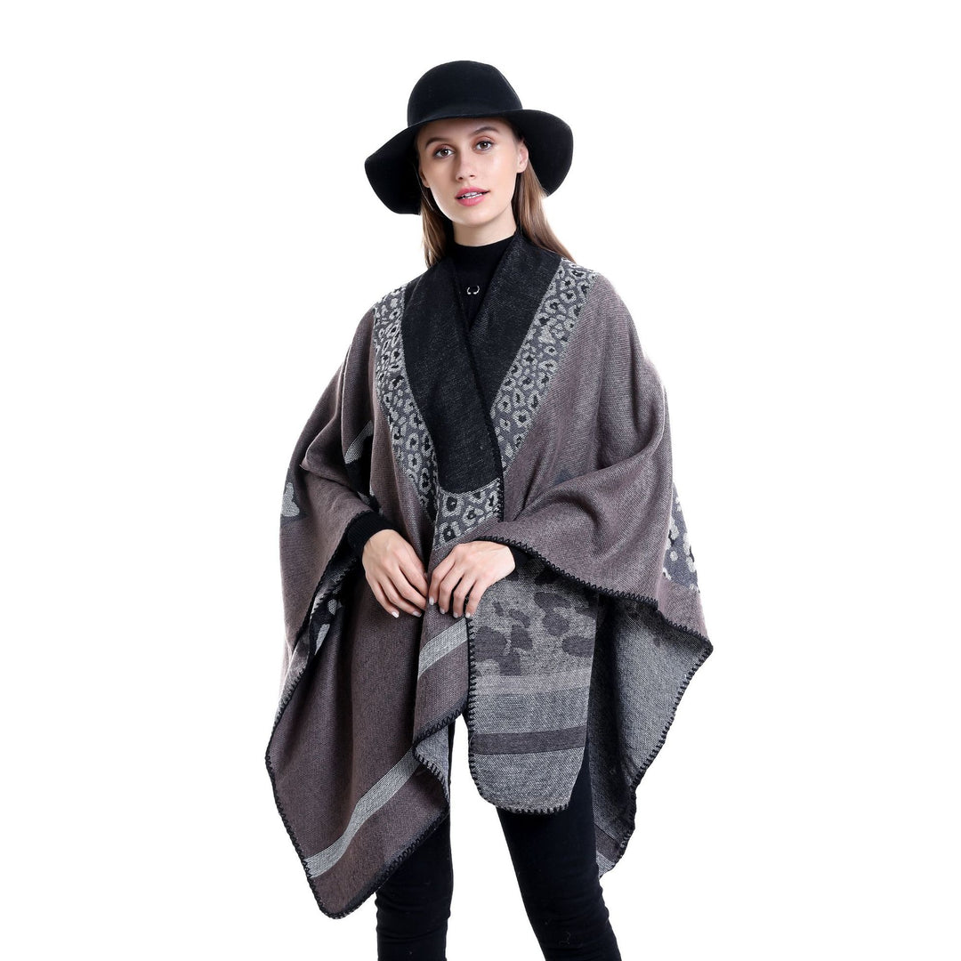 Damen Jacquard-Wollmix Ruana-Poncho mit V-Ausschnitt und Ziernaht Shop Nory