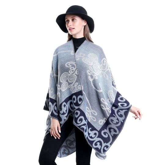 Damen Jacquard‑Ruana‑Poncho aus Wollmix mit asymmetrischem Zipfelsaum Shop Nory