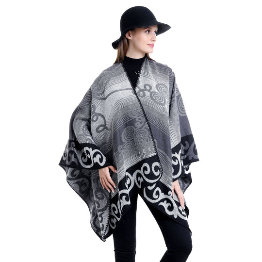 Damen Jacquard‑Ruana‑Poncho aus Wollmix mit asymmetrischem Zipfelsaum Shop Nory