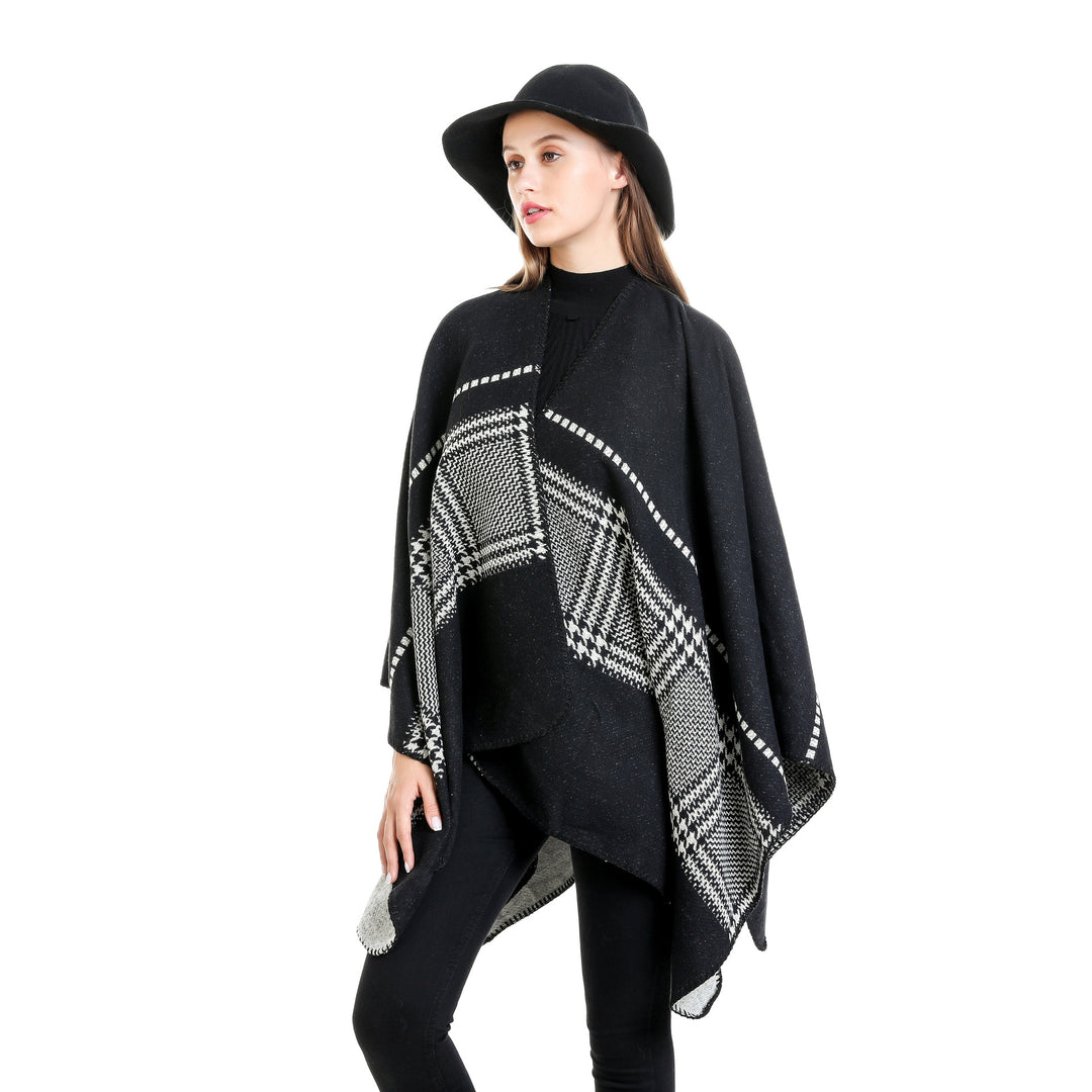Damen Jacquard-Wollmix-Ruana mit offenem Kimono-Fall und dekorativer Kettelnaht Shop Nory