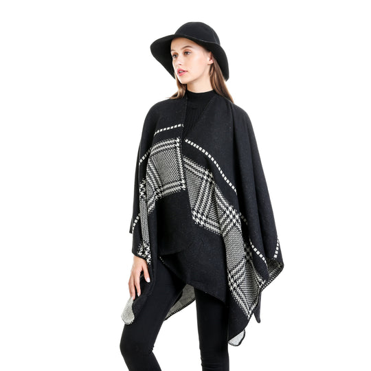 Damen Jacquard-Wollmix-Ruana mit offenem Kimono-Fall und dekorativer Kettelnaht Shop Nory