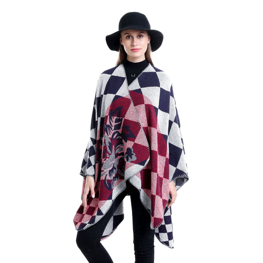 Damen Oversize-Ruana im Jacquard mit Karomuster und floralem Allover Shop Nory