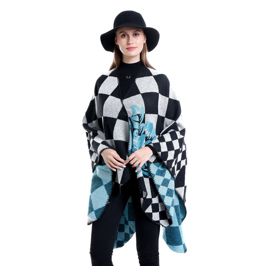 Damen Oversize-Ruana im Jacquard mit Karomuster und floralem Allover Shop Nory