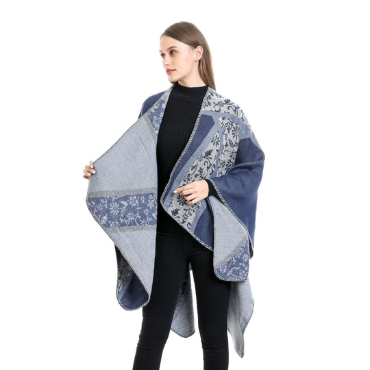 Damen Jacquard-Umhangponcho mit floraler Intarsie und offener Ruana-Silhouette Shop Nory