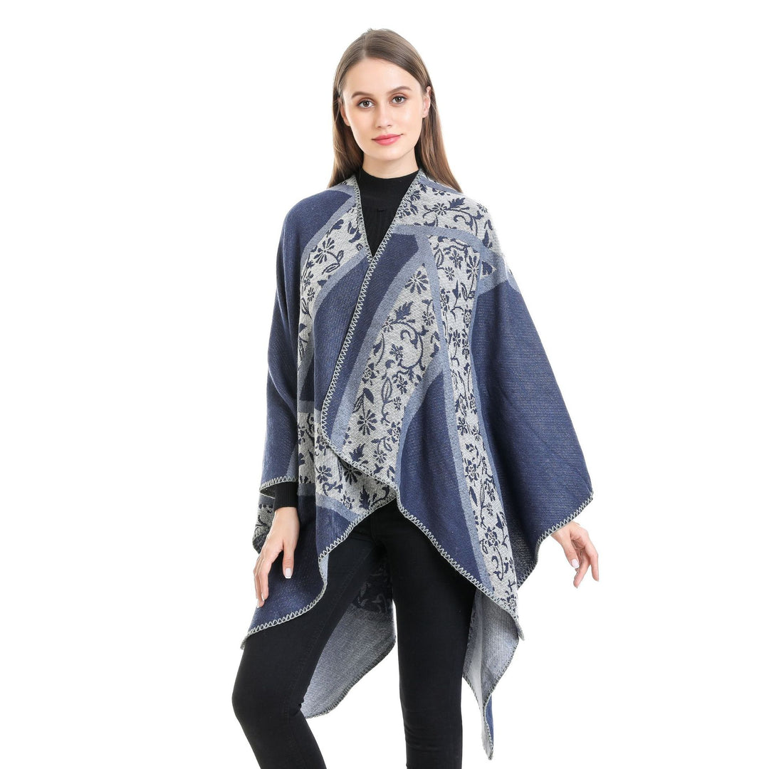 Damen Jacquard-Umhangponcho mit floraler Intarsie und offener Ruana-Silhouette Shop Nory