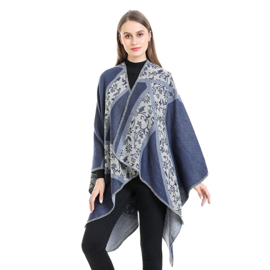 Damen Jacquard-Umhangponcho mit floraler Intarsie und offener Ruana-Silhouette Shop Nory