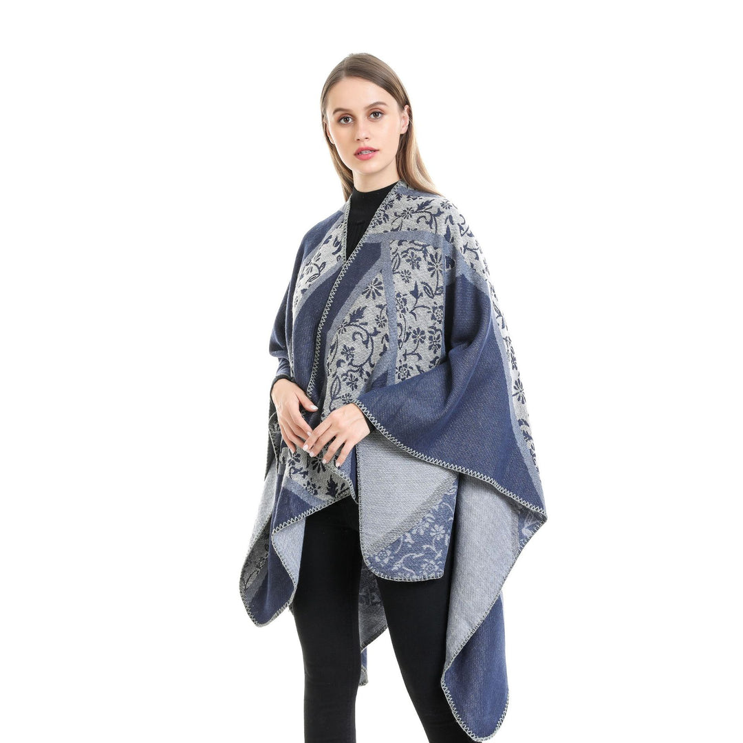 Damen Jacquard-Umhangponcho mit floraler Intarsie und offener Ruana-Silhouette Shop Nory