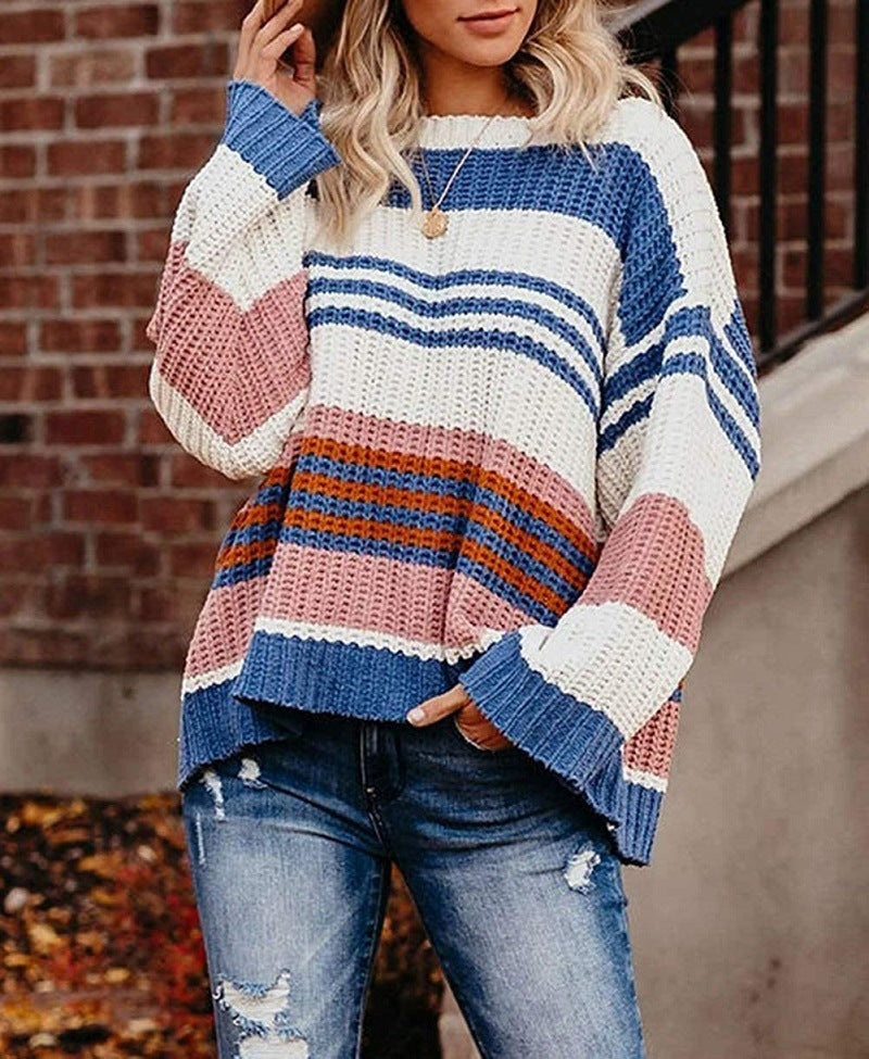 Damen Oversize Waffelstrick-Pullover mit Blockstreifen und überschnittenen Schultern Shop Nory