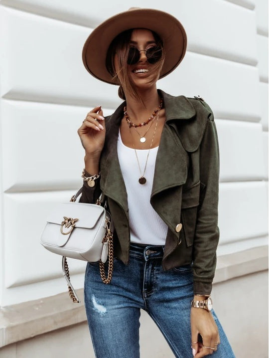 Damen Cropped Velourslederjacke mit weitem Revers und goldenen Zierknöpfen Shop Nory