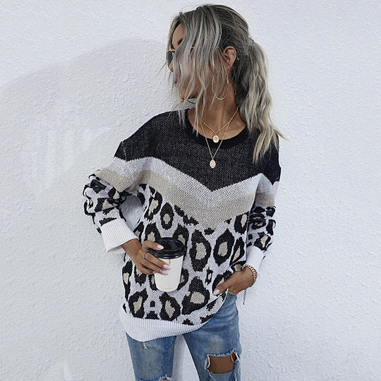 Damen Oversize-Feinstrickpullover mit Chevron-Detail und abstraktem Leoprint Shop Nory