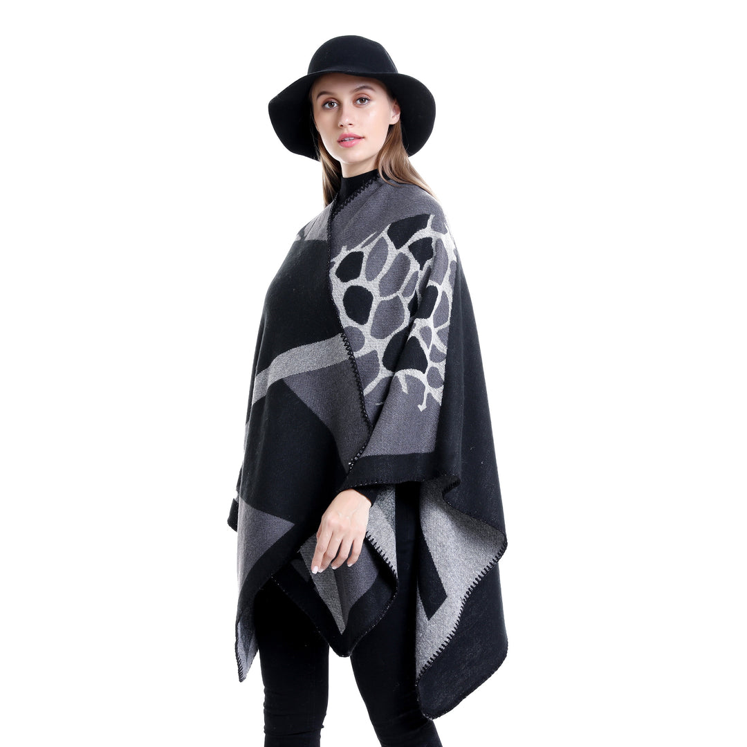 Damen Ruana-Überwurf mit geometrisch-animalischem Jacquard und Ziernaht Shop Nory