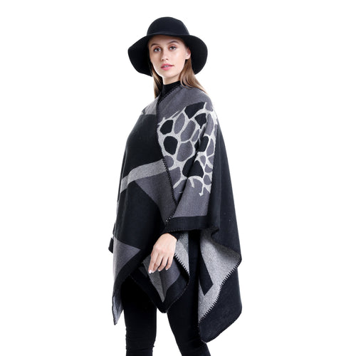 Damen Ruana-Überwurf mit geometrisch-animalischem Jacquard und Ziernaht Shop Nory