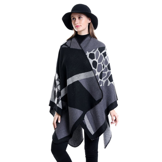 Damen Ruana-Überwurf mit geometrisch-animalischem Jacquard und Ziernaht Shop Nory