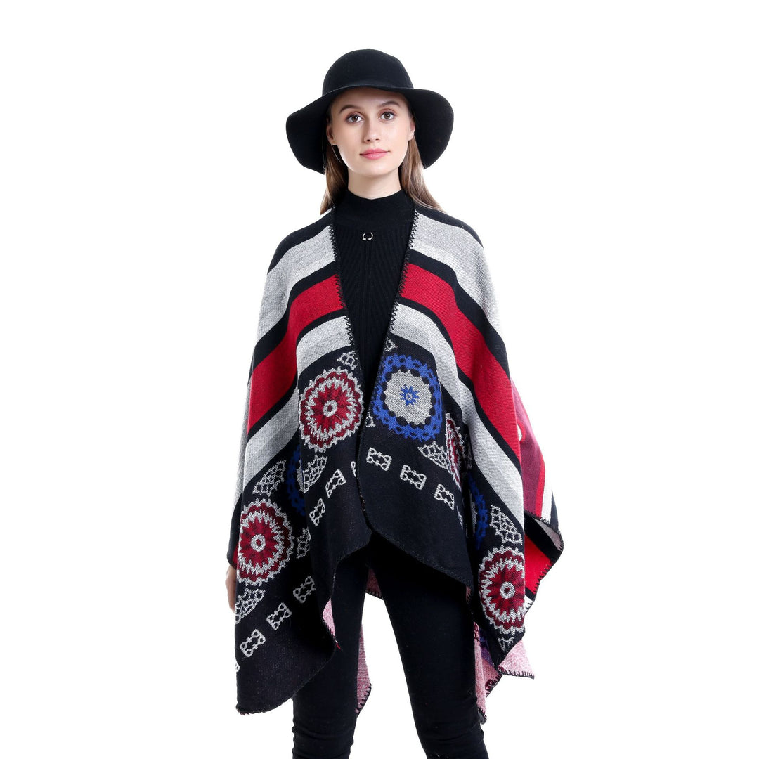 Damen Oversize-Ruana-Poncho mit V-Ausschnitt und ornamentaler Jacquard-Webung Shop Nory