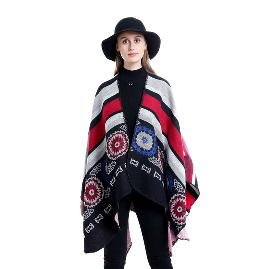 Damen Oversize-Ruana-Poncho mit V-Ausschnitt und ornamentaler Jacquard-Webung Shop Nory