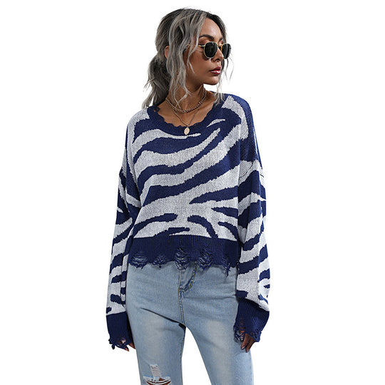 Damen Oversize-Strickpullover mit ZShop Noryramuster, destroyed Saum & weitem Schnitt Shop Nory