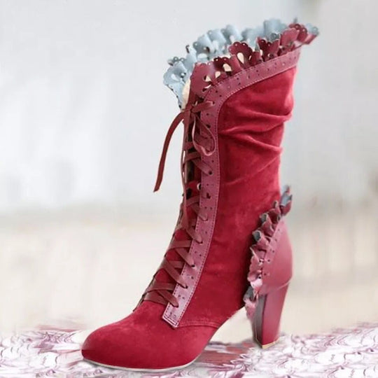 Damen Schnür‑Stiefelette mit Rüschenbesatz und mittelhohem Blockabsatz Shop Nory