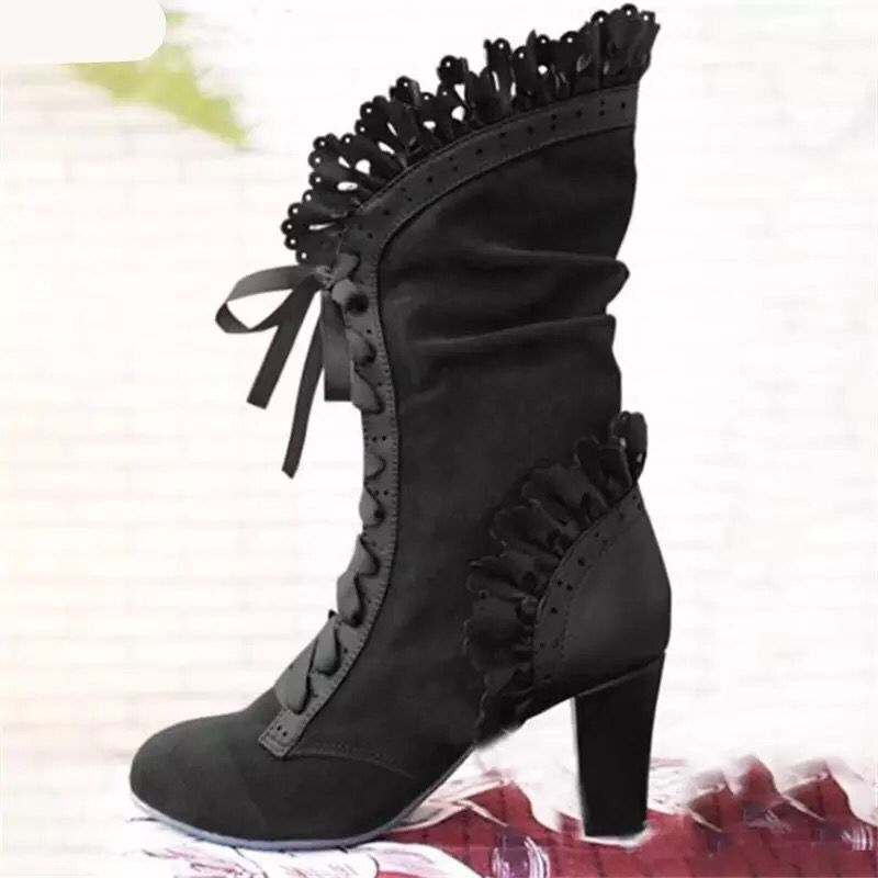 Damen Schnür‑Stiefelette mit Rüschenbesatz und mittelhohem Blockabsatz Shop Nory