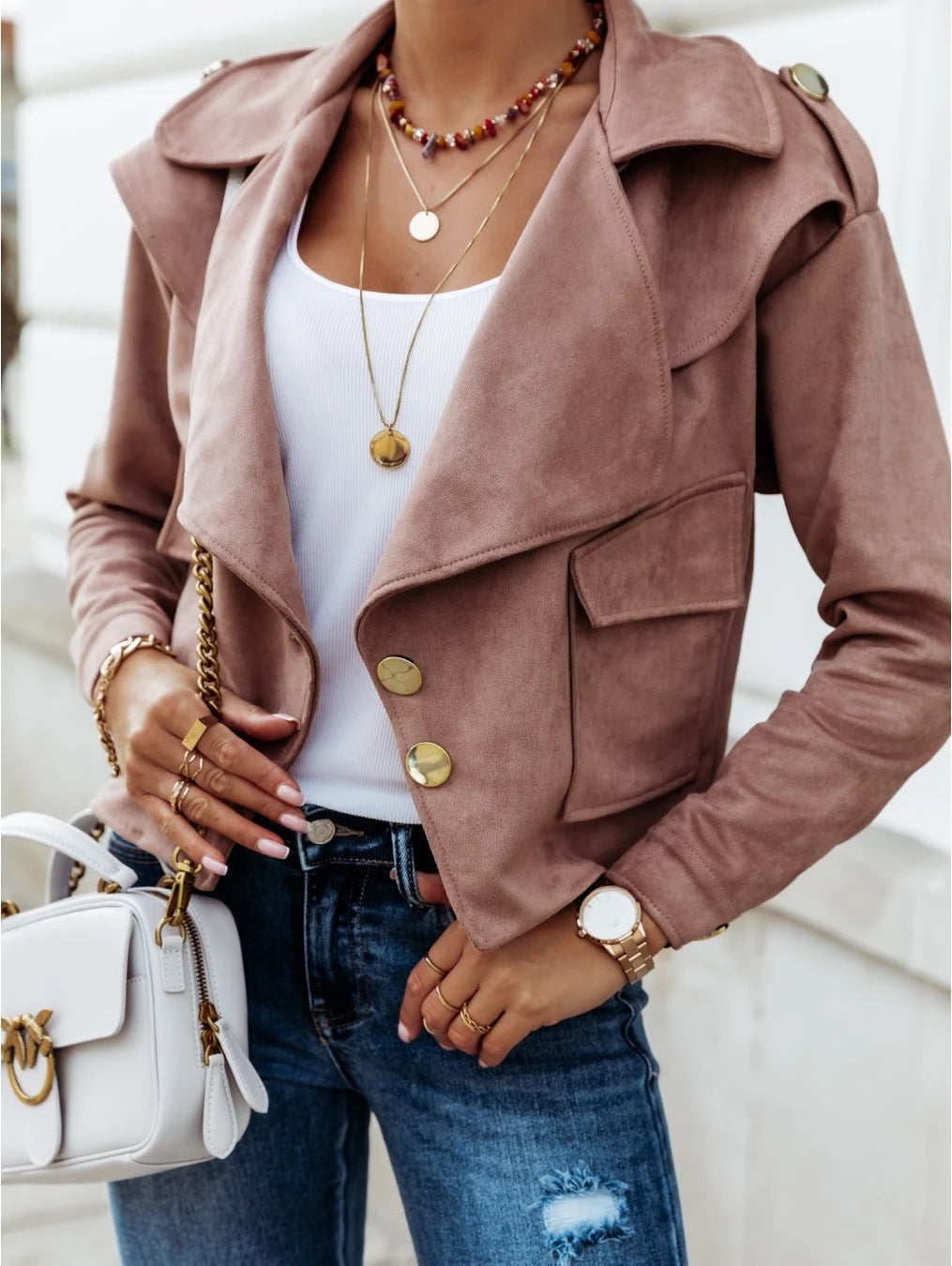 Damen Cropped Velourslederjacke mit weitem Revers und goldenen Zierknöpfen Shop Nory