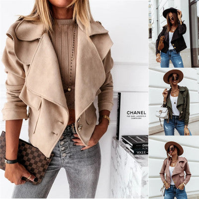 Damen Cropped Velourslederjacke mit weitem Revers und goldenen Zierknöpfen Shop Nory
