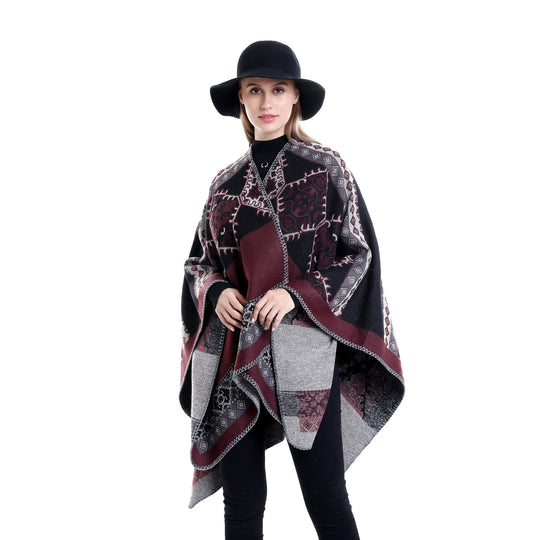 Damen Oversize-Ruana-Poncho aus Jacquardgewebe mit asymmetrischem Zipfelrand und ornamentaler Bordüre Shop Nory