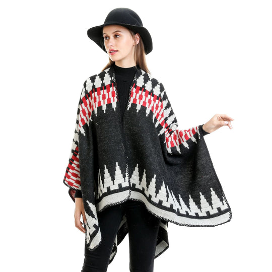 Damen Jacquard-Strickruana mit geometrischem Oversize-Fall und V-Ausschnitt Shop Nory