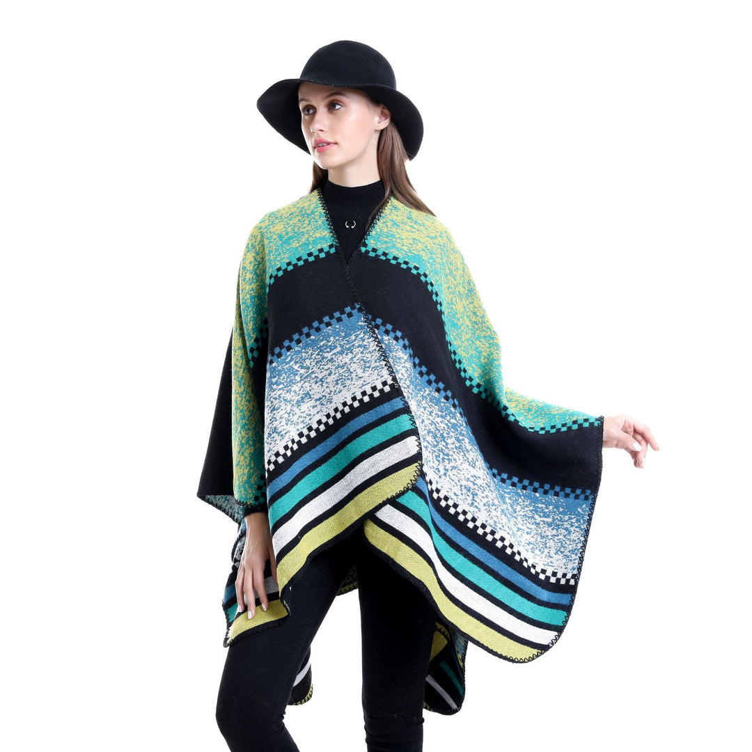 Damen Jacquard-Ruana Poncho im Oversize mit grafischem Streifen- und Ornamentmuster Shop Nory