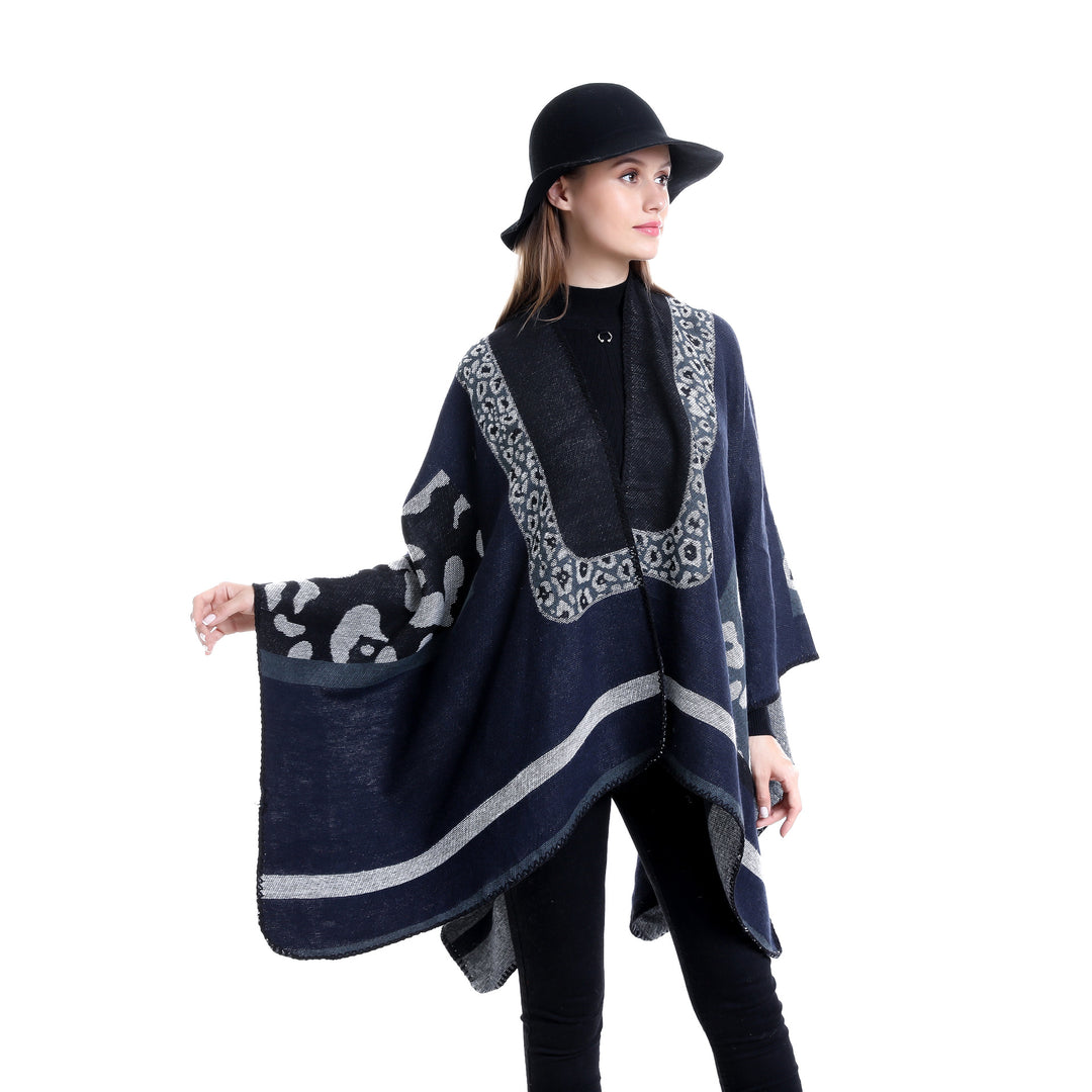 Damen Jacquard-Wollmix Ruana-Poncho mit V-Ausschnitt und Ziernaht Shop Nory