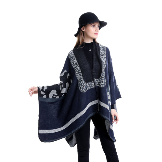 Damen Jacquard-Wollmix Ruana-Poncho mit V-Ausschnitt und Ziernaht Shop Nory