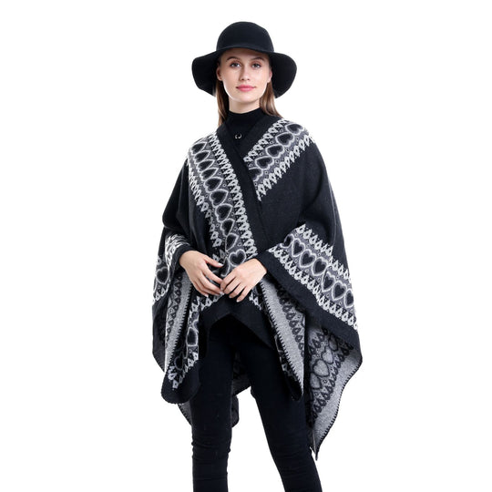 Damen Ruana im Kaschmir‑Touch mit Herz‑Jacquard und offenem V‑Fall Shop Nory