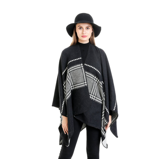 Damen Jacquard-Wollmix-Ruana mit offenem Kimono-Fall und dekorativer Kettelnaht Shop Nory