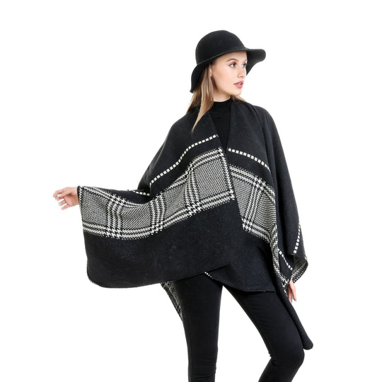 Damen Jacquard-Wollmix-Ruana mit offenem Kimono-Fall und dekorativer Kettelnaht Shop Nory