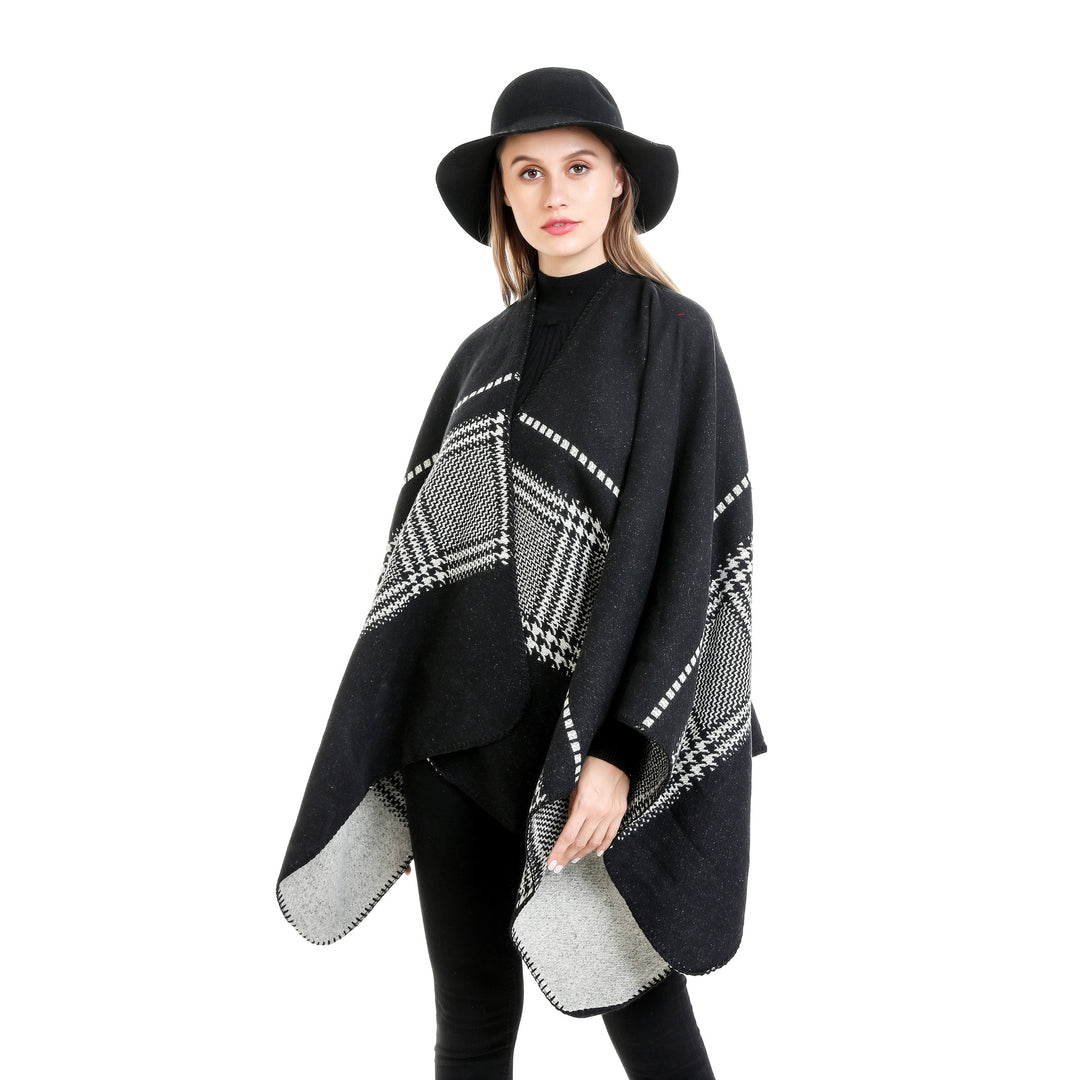Damen Jacquard-Wollmix-Ruana mit offenem Kimono-Fall und dekorativer Kettelnaht Shop Nory