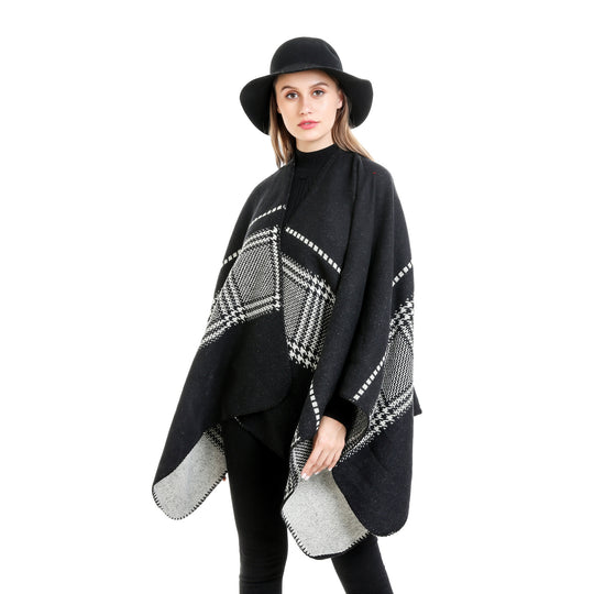 Damen Jacquard-Wollmix-Ruana mit offenem Kimono-Fall und dekorativer Kettelnaht Shop Nory