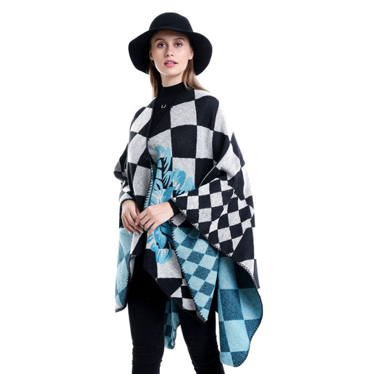 Damen Oversize-Ruana im Jacquard mit Karomuster und floralem Allover Shop Nory
