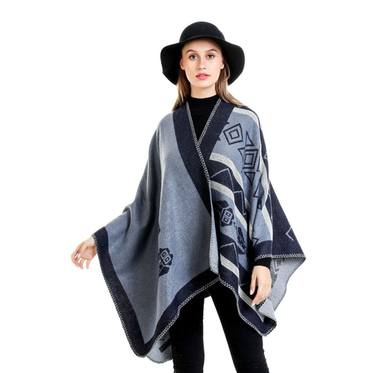 Damen Leichter Ruana-Überwurf mit geometrischem Jacquard und Zipfelsaum Shop Nory