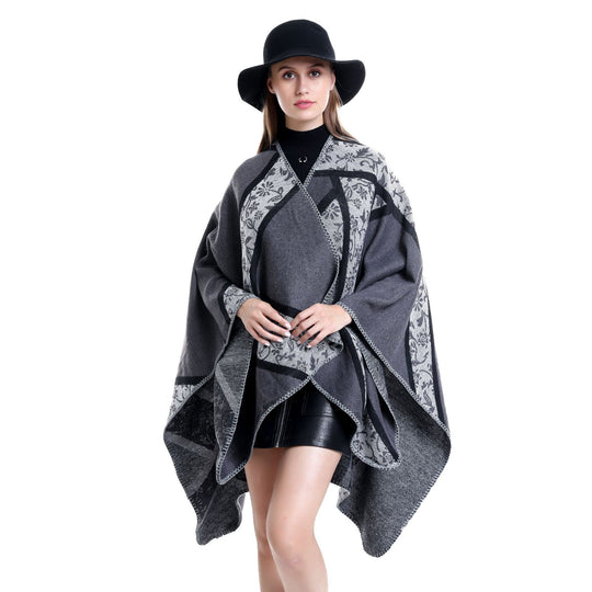 Damen Jacquard-Umhangponcho mit floraler Intarsie und offener Ruana-Silhouette Shop Nory