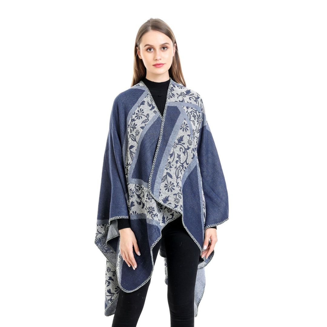 Damen Jacquard-Umhangponcho mit floraler Intarsie und offener Ruana-Silhouette Shop Nory