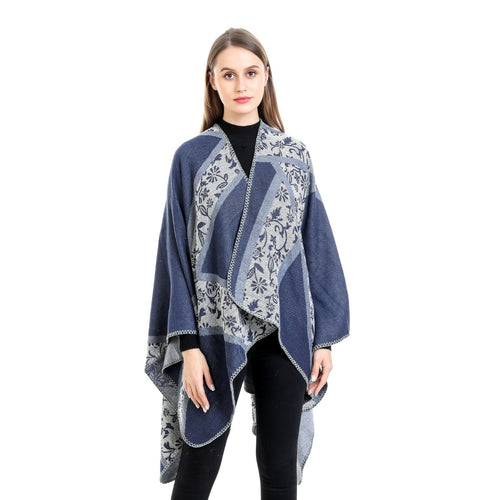Damen Jacquard-Umhangponcho mit floraler Intarsie und offener Ruana-Silhouette Shop Nory
