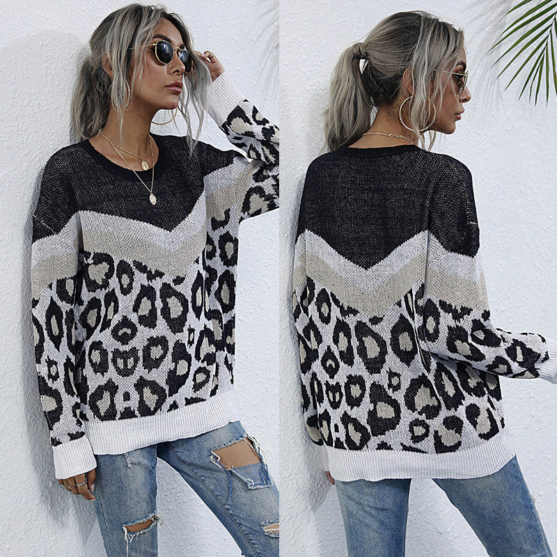 Damen Oversize Strickpullover mit Leopardenjacquard und kontrastierender V‑Blende Shop Nory