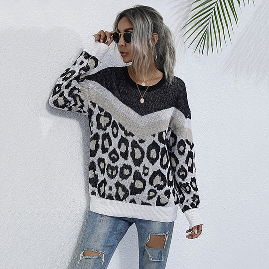 Damen Oversize-Feinstrickpullover mit Chevron-Detail und abstraktem Leoprint Shop Nory