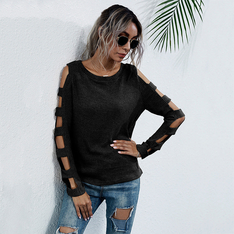 Damen Rippenstrick-Longsleeve mit Cut-Out-Ärmeln und Schulteröffnungen Shop Nory