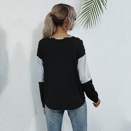 Damen Longsleeve Colorblock-Shirt mit Leo-Einsatz und Schnür-V-Ausschnitt Shop Nory